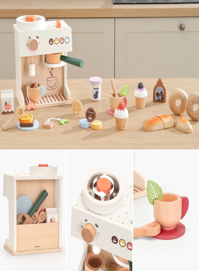 PairPear Wooden Espresso Coffee Maker Toy 18 Piece Barista Role Play Set with Pods, Cups & Cookies, Montessori Pretend Kitchen Accessory Gift for Toddlers & Kids Ages 3+ - Image 5